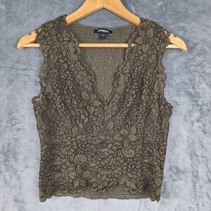 Womens Top Small Green Forest Fairy Babydoll Y2K Floral Lace Goblin Crop Smocked